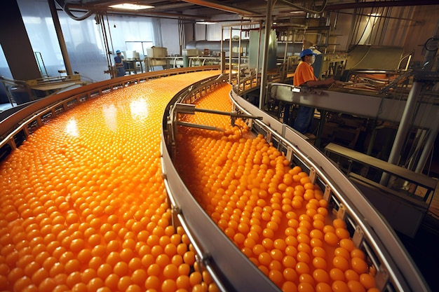 Производство конвейера для апельсинового сока из апельсинов, созданных искусственным интеллектом