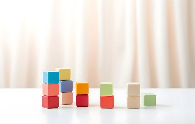 production photography childrens toy cubes on a white wooden ta