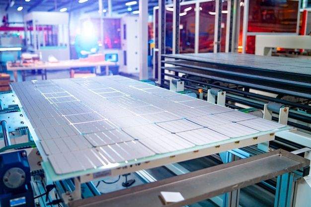 Production of solar panels Green energy concept Modern production factory or plant Special equipment