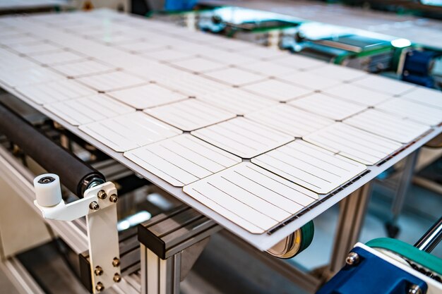 Production of solar panels, man working in factory. Closeup of special machinery at solar production panels factory