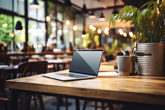 Photo productive ambiance blurry cafe interior frames a closeup of a coworking space table with a lapto