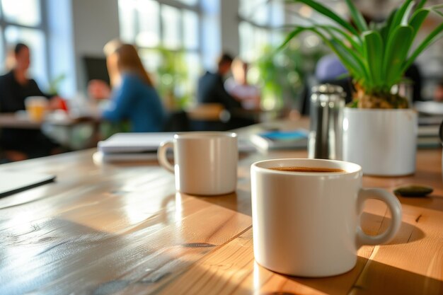 Productive Morning Coffee Mugs on Office Table with Team Meeting in Background