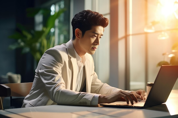 Productive Remote Work Asian Man Engaged in Online Tasks on Computer