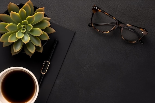 Productive Workspace with Computer Succulent Glasses Notepad and Coffee Cup on Black Background Crea