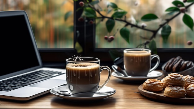 Productiviteit op zijn best Een gestroomlijnde laptop en een warme kop koffie om uw werkdag van brandstof te voorzien Generatieve AI