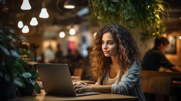 Productiviteit Vrouw typt op laptop in de koffieshop