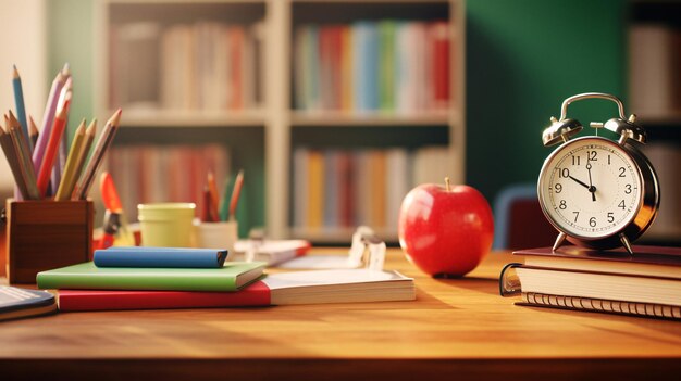 Productivity Boost Time Management Essentials with Books Clock and a Red Apple on Desk Generative AI