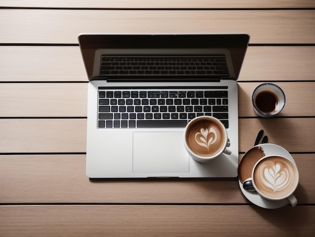 Photo productivity scene laptop with blank screen and coffee cup on wood