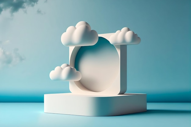 Productpodium met witte wolken Productpresentatiestandaard op blauwe achtergrond 3D-rendering