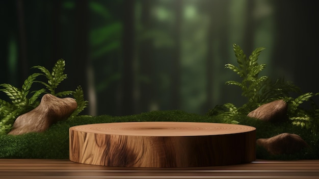 productpresentatie houten podium in tropisch bos