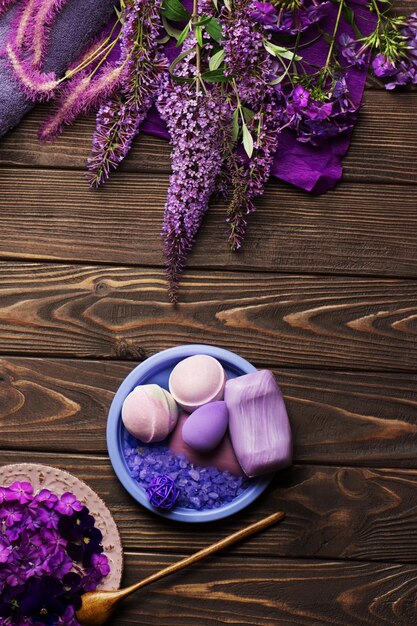 Товары для ухода за телом spa Аксессуары для спа вид сверху Spa violet products