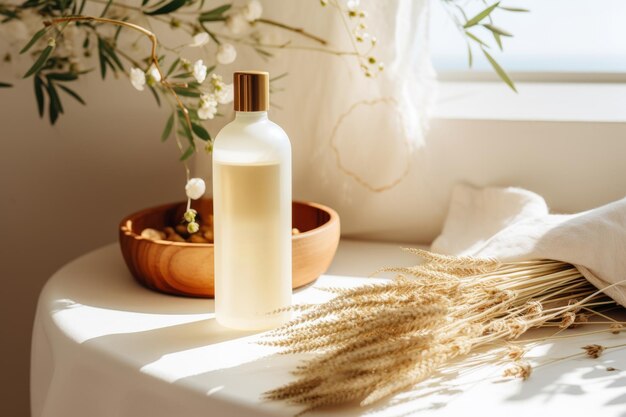 Products for hair and skin care in white and amber colors Minimalist nature compositions Generative AI illustration