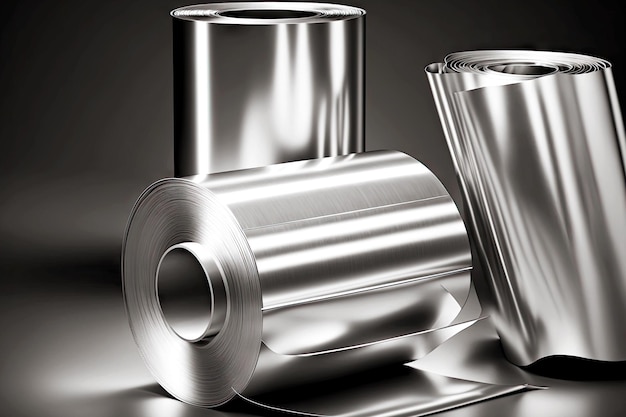 写真 灰色の背景にアルミ箔のロールの形でアルミニウム産業の製品
