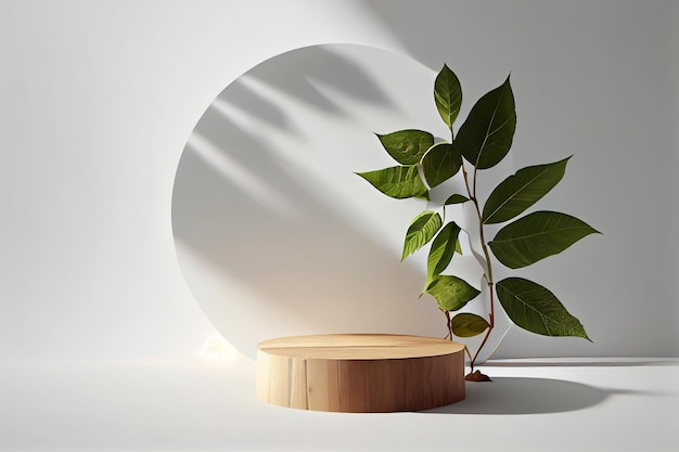 제품 오버레이 햇빛과 나뭇잎 그림자가 있는 둥근 빈 티크 나무 테이블 닫기