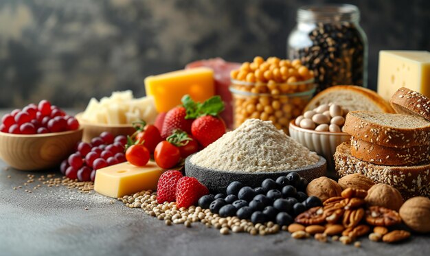 Products rich in protein on grey table closeup Healthy food