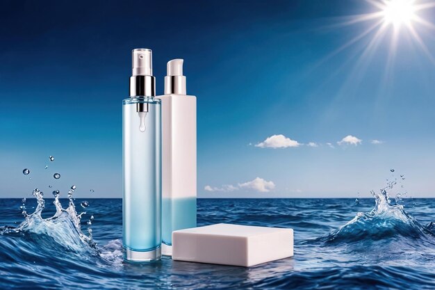 Productverpakking mockup foto van serum of cosmetica met een eenvoudig elegant ontwerp Wit en blauw tot