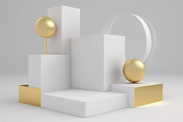 Productvertoningspodium met platform gouden geometrische vormen op witte achtergrond