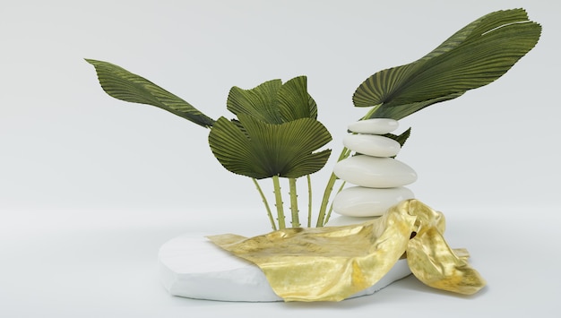 Productvoorbeeld zen japandi-stijl stenen met gouden doek en planten