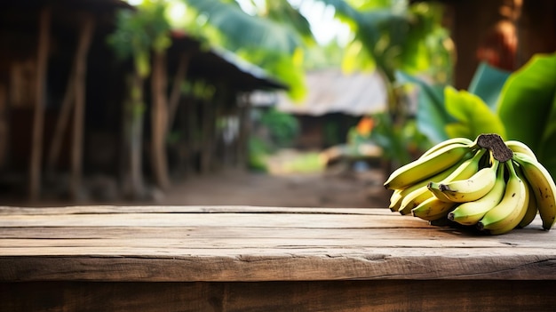 Productweergave rustieke oude houten planken tafelkopieerruimte met banaan op achtergrond generatieve ai