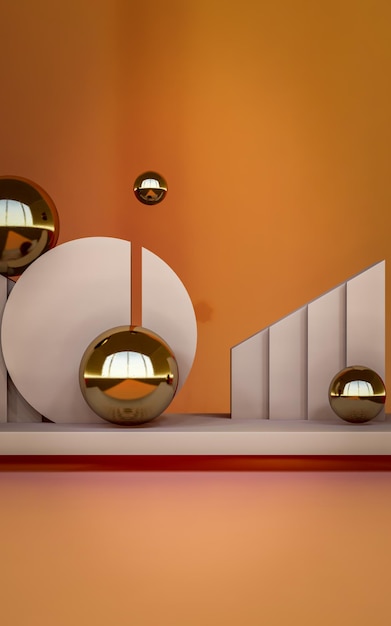 Productweergavepodium met glanzende gouden bal met oranje achtergrond 3D-rendering illustratie