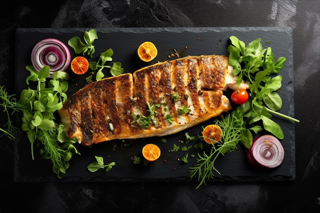 Proef het weelderige gegrilde zeebaarsfilet, een genot midden in verse groene sla en crisp R.