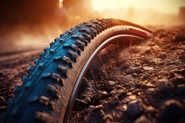 Proef sportfietswiel in de zon schijnen Close-up beeld van een mountainbike wiel