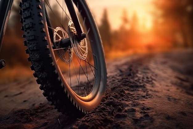 Proef sportfietswiel in de zon schijnen Close-up beeld van een mountainbike wiel
