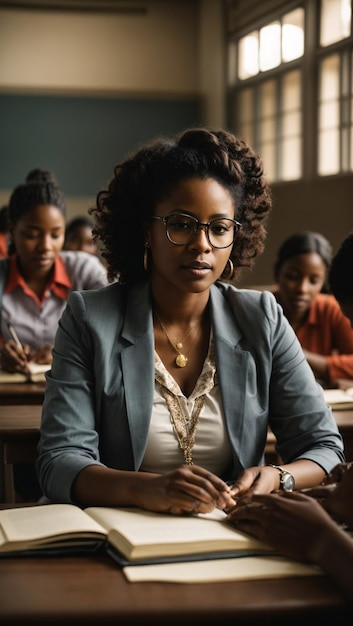 Photo profesora africana en aula interactiva con estudiantes