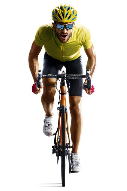 Foto corridore di biciclette da strada professionista isolato in movimento su bianco