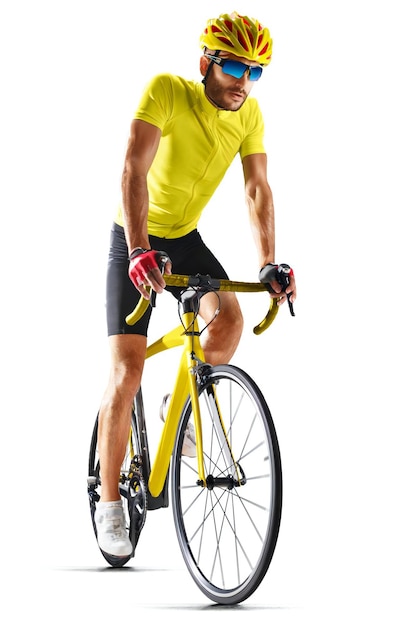 Professinal road bicycle racer isolated in motion on white