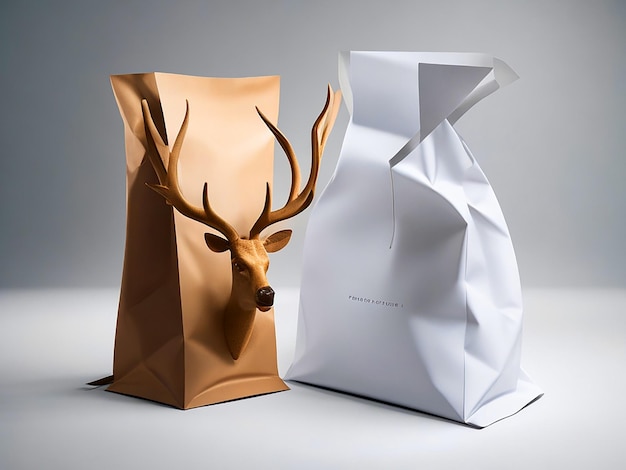Foto render professionistico 3d realistico di borsa di carta con corna dello stesso materiale per mockup desi