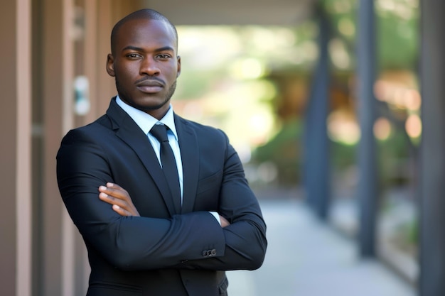 Foto un uomo d'affari afroamericano di professione trasuda fiducia in piedi fuori con le braccia incrociate