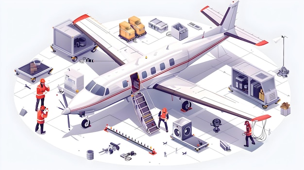 Photo professional aircraft maintenance crew conducting precision inspection in isometric 3d flat icon sce