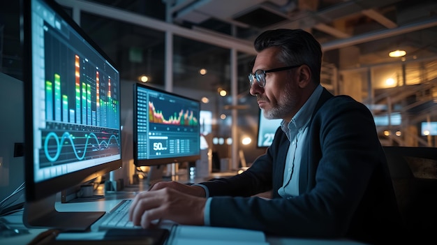 Professional analyst working late surrounded by monitors with data charts office context focused work environment conceptual stock photo about market analysis AI