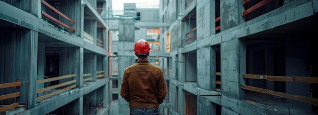 Professional architect in hardhat examining modern construction site