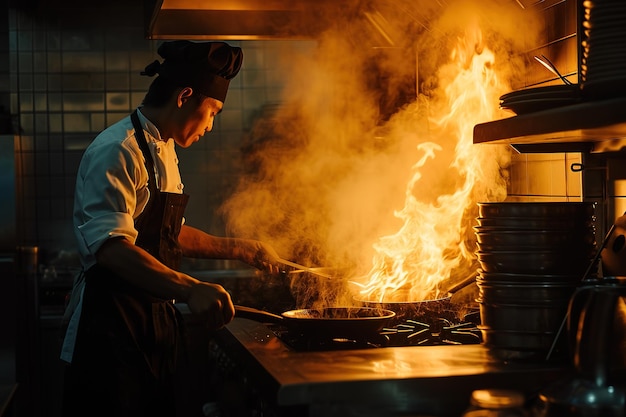 Профессиональный азиатский шеф-повар готовит различные китайские блюда на кухне дорогостоящего ресторана