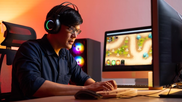 Professional Asian male gamer playing video games on personal pc computer Colorful neon light room Esport online game