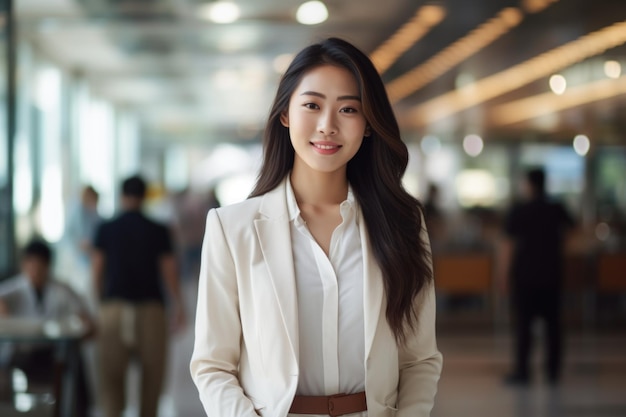 A professional Asian woman shows confidence in her stylish white formal dress as she