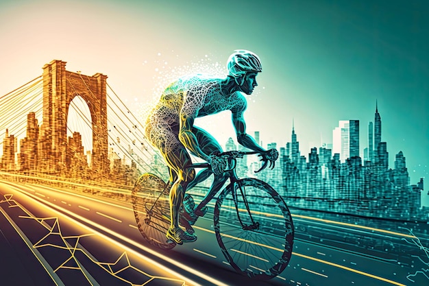 Photo professional athlete bicycling along bridge against backdrop of big city generative ai