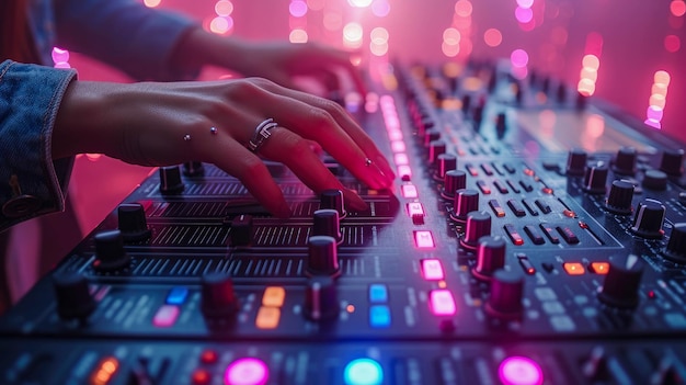 Professional audio mixing console in nightclub Close up of sound equipment