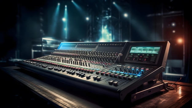 Professional audio production equipment on dark background with stage lighting and studio spotlight for live concerts and cinematic renderings