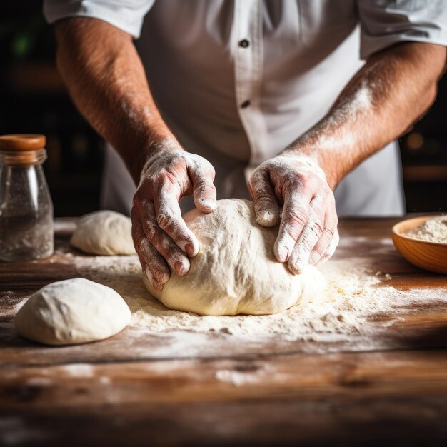 A professional baker kneads dough for fresh bread in his own bakery Generative AI