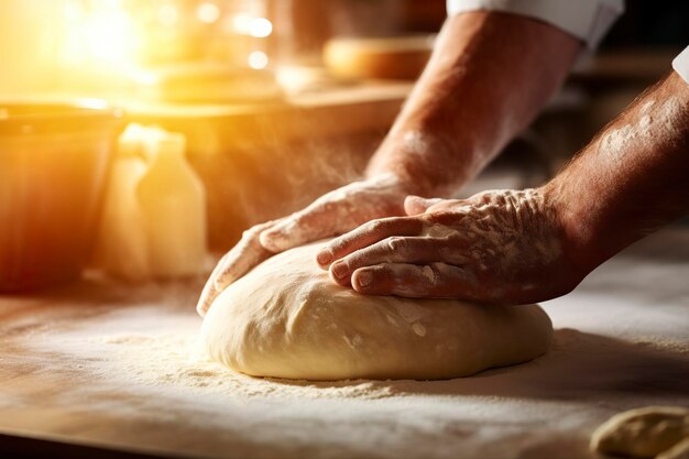 A professional baker mixes the flour and water dough for a pizza