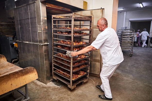 Professional baker in uniform takes out a cart with freshly baked bread from an industrial oven in a bakery