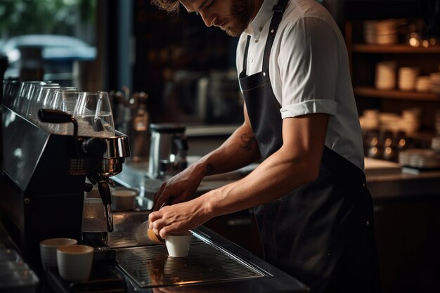 Professional barista making coffee