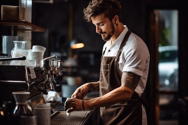 Professional barista making coffee