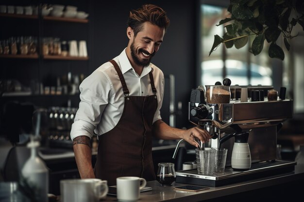 Professional barista making coffee