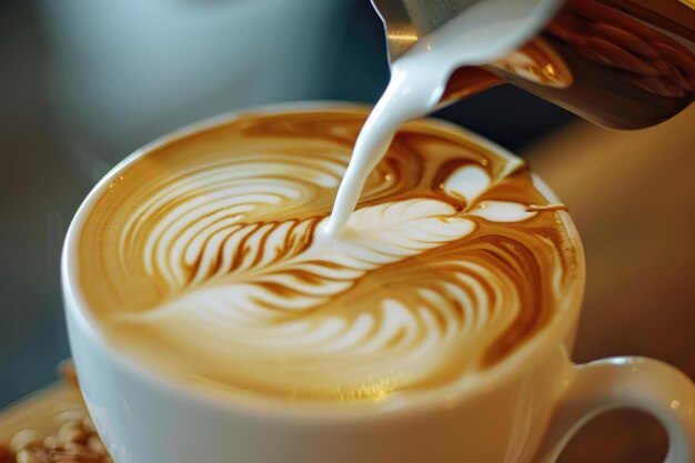 Professional barista pouring steamed milk into coffee cup making beautiful latte art Rosetta pattern