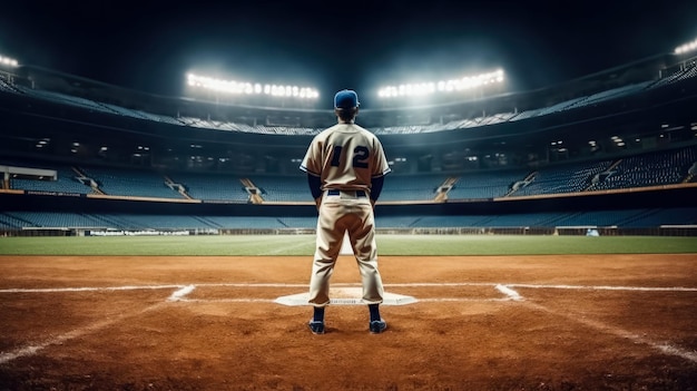 Professional baseball player standing ready at baseball arena stadium Created with Generative Ai Technology