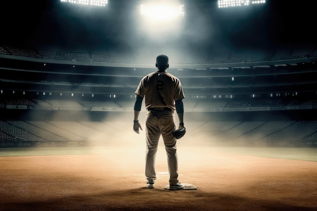 Professional baseball player standing ready at baseball arena stadium Created with Generative Ai Technology